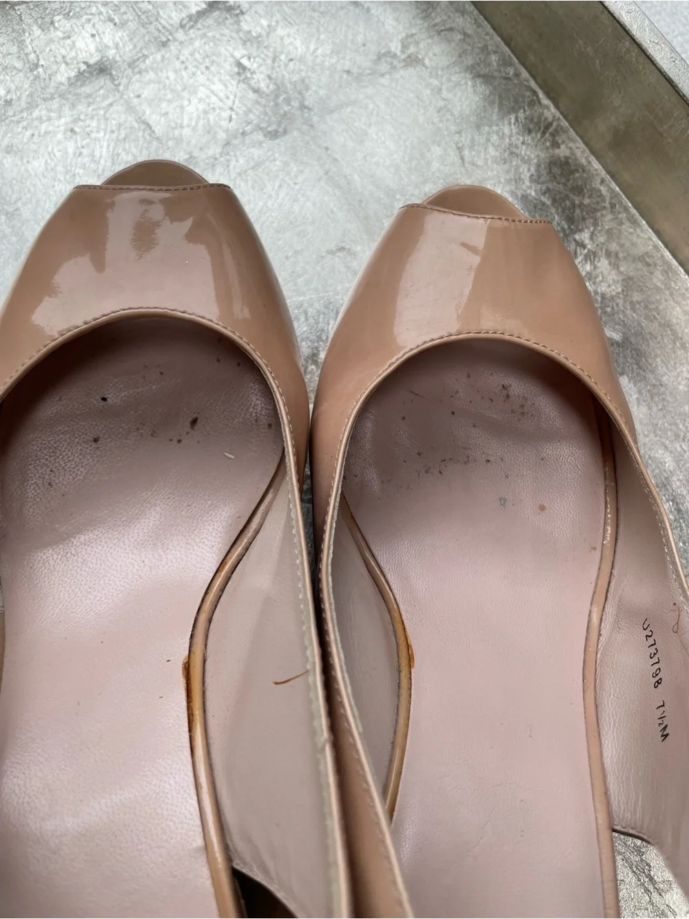 Stuart Weitzman Nude Patent Peep-Toe Cork Wedge Slingbacks